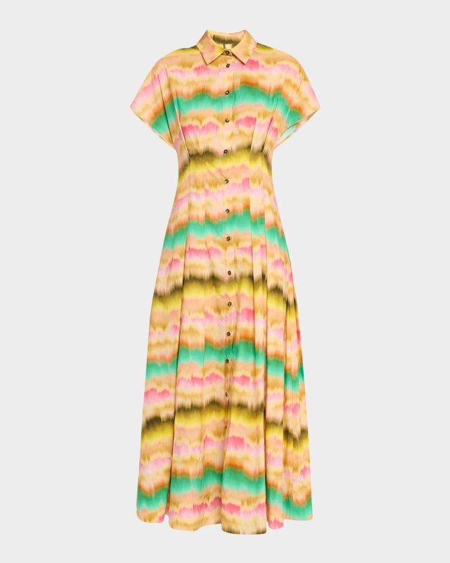 Sunset Pleated Short-Sleeve Midi Shirtdress
